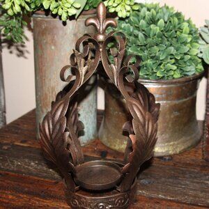 Ornate French Country Copper Bronze Gold Fleur De Lis Crown Candle Holder